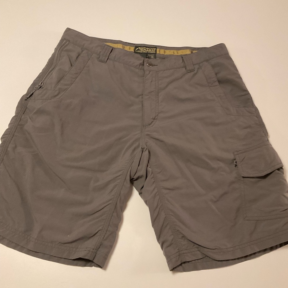 Mountain Khakis Cargo Shorts Slate Grey Side Pockets, Zip & Button, Loops, Sz 36